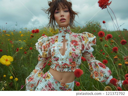 Fashion scene editorial with beautiful woman wearing dress with flowers.Macro.AI Generative. 121372702