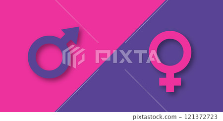 Male and female gender signs on purple and pink background. Relationship concept between men or boy and women or girl. Vector paper cut illustration 121372723