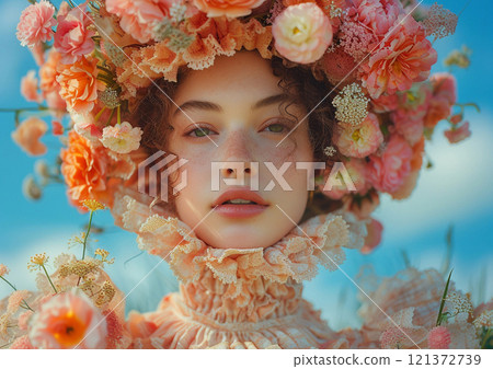 Beautiful young fashion woman with flowers and fashion designer dress.Macro.AI Generative. 121372739