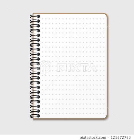 Notepad with a vertical spring spiral. Notebook with a dotted sheet. Isolated vector illustration on a gray background 121372753