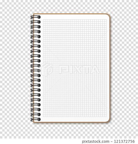 Notepad with a vertical spring spiral. Notebook with checkered sheet. Vector illustration on a transparent background Notepad with a vertical spring spiral. Notebook with checkered sheet. Vector illustration on a transparent background 121372756