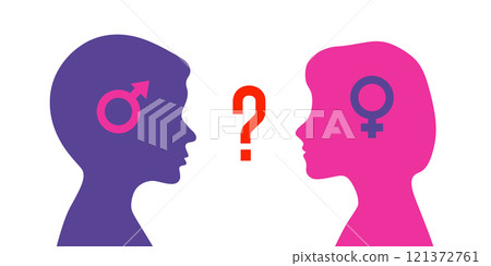 Problem of gender choice for person in modern society. Silhouette profile boy and girl. Multicultural multigender society. Friendship and relationships between people. Diversity gender, choice matter 121372761