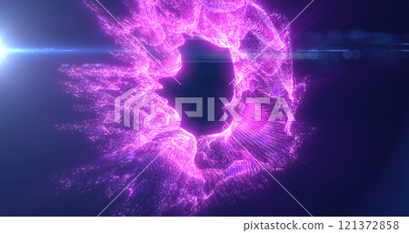 Abstract purple stream of light with digital textures, creating a dynamic energy effect in a dark space 121372858