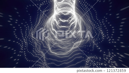 White particles arranged in a spiral wave-like pattern tunnel, creating a luminous digital visualization on a dark background 121372859