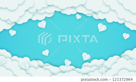 Happy Valentine's Day banner. Holiday turquoise background design with clouds and hearts. Space for text 121372964