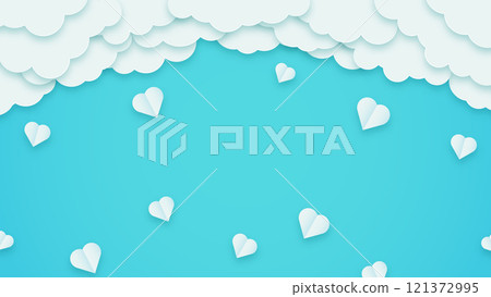 Happy Valentine's Day banner. Holiday turquoise background design with clouds and hearts. Space for text Happy Valentine's Day banner. Holiday turquoise background design with clouds and hearts. Space for text 121372995