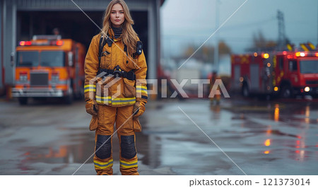 Young woman firefighter wearing fire protective uniform on fire station background.AI Generative. 121373014