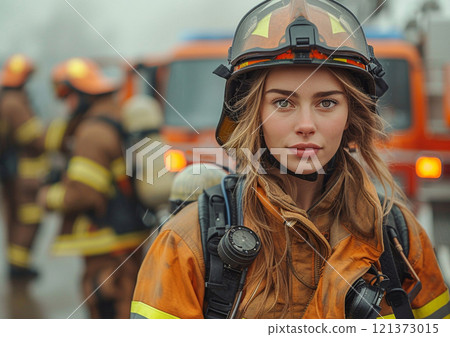 Young woman firefighter with fire protective uniform and helmet.Macro.AI Generative. 121373015