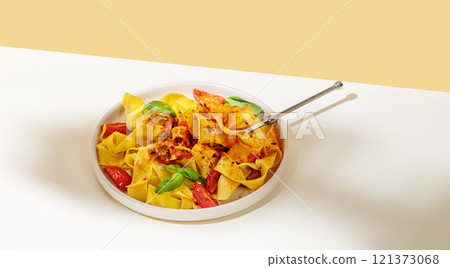 Tagliatelle or pappardelle pasta with tomato sauce, basil and parmesan cheese in a plate with fork Tagliatelle or pappardelle pasta with tomato sauce, basil and parmesan cheese in a plate with fork 121373068