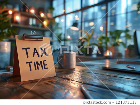 Tax time note on modern office table as tax payment or return season concept.Macro.AI Generative. 121373115