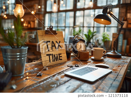 Tax time note on modern office table as tax payment or return season concept.Macro.AI Generative. 121373118