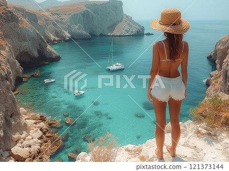 Beautiful woman standing on top of island and looking on blue lagoon.Macro.AI Generative. 121373144