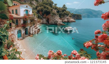 Beautiful and quiet italian city with old buildings and blue lagoon.Macro.AI Generative. 121373145