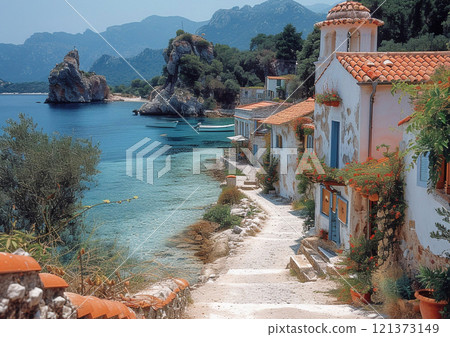 Beautiful and quiet italian city with old buildings and blue lagoon.Macro.AI Generative. 121373149