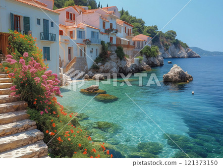 Beautiful and quiet italian city with old buildings and blue lagoon.Macro.AI Generative. Beautiful and quiet italian city with old buildings and blue lagoon.Macro.AI Generative. 121373150