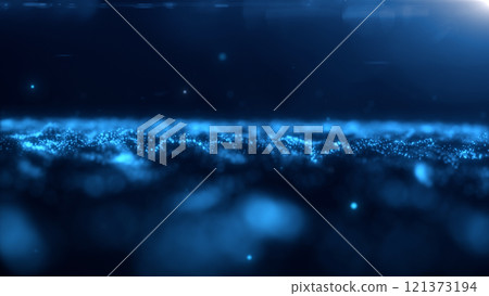 Blue glowing magic energy wave with blur effect from digital particles and dots bright shiny on a dark blue abstract background. futuristic sci fi concept. Blue glowing magic energy wave with blur effect from digital particles and dots bright shiny on a dark blue abstract background. futuristic sci fi concept. 121373194