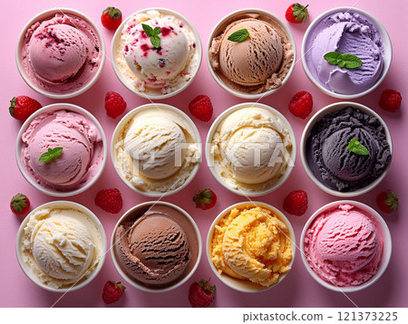 Assorted tasty ice cream scoop in ceramic bowl with berries and fruits.Top view.AI Generative. 121373225