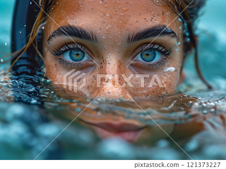 Beautiful young woman ready for diving on tropical holiday vacation.Macro.AI Generative. 121373227