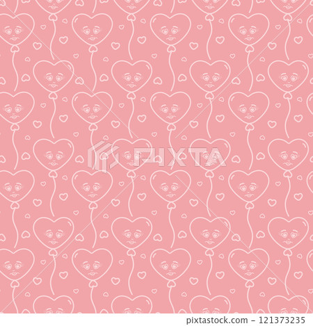 Doodle Heart shape balloons on rope and hearts Outline Seamless pattern on trendy soft pink backdrop Doodle Heart shape balloons on rope and hearts Outline Seamless pattern on trendy soft pink backdrop 121373235