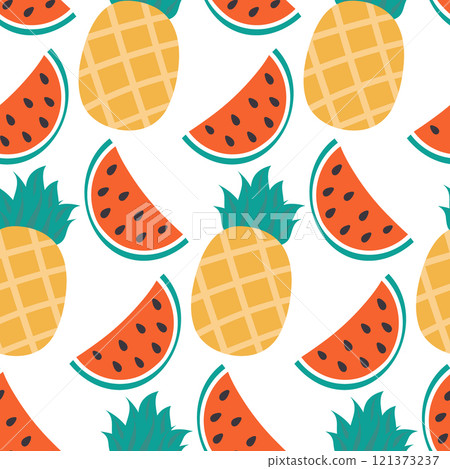 Stylized Pineapple and Watermelon slices Seamless pattern in trendy summer colors Minimalistic style 121373237