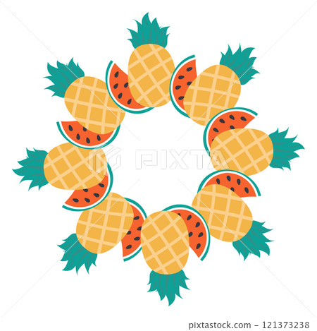 Pineapple and Watermelon slices Circle Frame border in trendy minimalist Summer Copy space Template 121373238