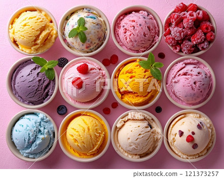 Assorted tasty ice cream scoop in ceramic bowl with berries and fruits.Top view.AI Generative. 121373257