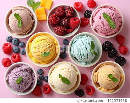 Assorted tasty ice cream scoop in ceramic bowl with berries and fruits.Top view.AI Generative. 121373258