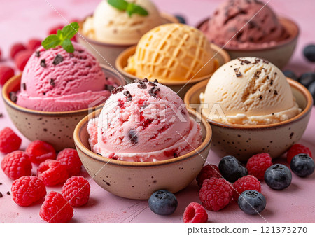 Various tasty creamy ice cream desert scoop in bowl with ripe berries and fruits.AI Generative. 121373270