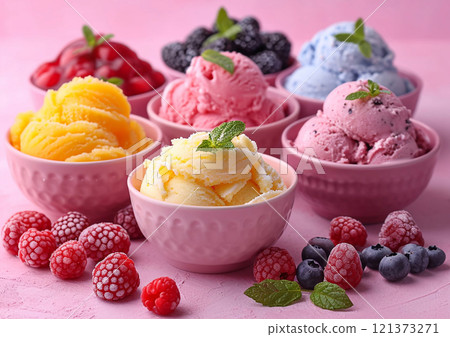 Various tasty creamy ice cream desert scoop in bowl with ripe berries and fruits.AI Generative. 121373271