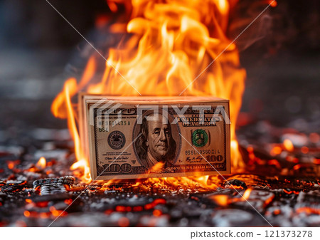 Dollar currency bancnote on fire as economic crisis concept.Macro.AI Generative. 121373278