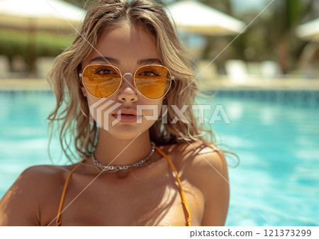 Young beautiful woman enjoying summer next to swimming pool in hotel resort.Macro.AI Generative. Young beautiful woman enjoying summer next to swimming pool in hotel resort.Macro.AI Generative. 121373299