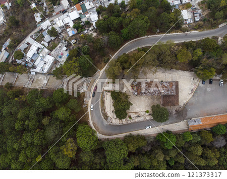 Aerial Drone shot of Church Iglesia de San Cristobalito on the mountain in San Cristobal de Las Casas, Chiapas, Mexico Aerial Drone shot of Church Iglesia de San Cristobalito on the mountain in San Cristobal de Las Casas, Chiapas, Mexico 121373317