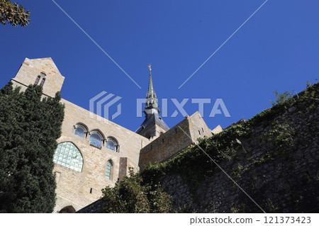 Looking up at Mont Saint-Michel Abbey from directly below 121373423
