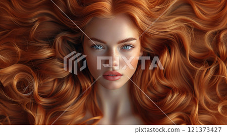 Young beautiful red hair woman with silky curles and make up as banner for hair.Macro.AI Generative. Young beautiful red hair woman with silky curles and make up as banner for hair.Macro.AI Generative. 121373427