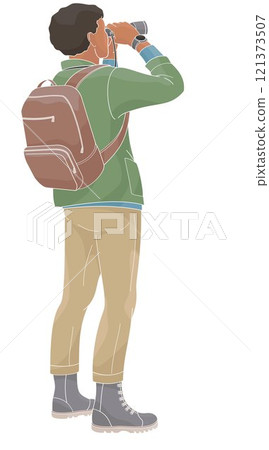 African American man watching with binoculars in outdoor clothes and backpack African American man watching with binoculars in outdoor clothes and backpack 121373507