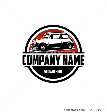 the legend of the mini cooper antique car. isolated badge, emblem, icon, sticker design. best with a view from the side with a stunning sunset backdrop. available in eps 10 121373518