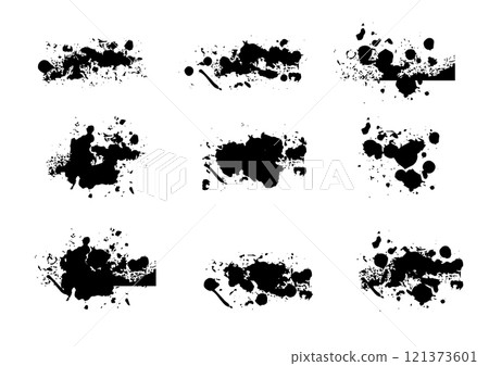 Vector grunge ink splatter. spray drops staining and frame with wet paint drop traces vector set. Illustration splash and ink design. illustration vector design background. 121373601