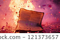 Burning book amidst colorful confetti in a dramatic celebration setting. Generative AI 121373657