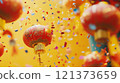 Colorful red lanterns hang above while confetti falls during a festive celebration. Generative AI 121373659
