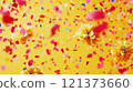 Colorful confetti falling with yellow flowers on a bright background. Generative AI 121373660