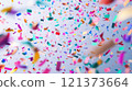 Colorful confetti falling from the sky during a festive celebration outdoors. Generative AI 121373664