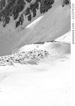 Climbing Mt. Karasawa in the Northern Alps during the remaining snow season Karasawa Hut and tent site for newspaper advertisement Climbing Mt. Karasawa in the Northern Alps during the remaining snow season Karasawa Hut and tent site for newspaper advertisement 121374133