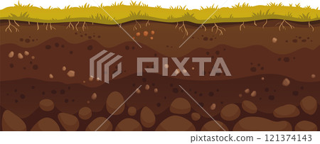 Green grass growing on brown soil layers with visible roots and rocks, representing a healthy and fertile ground perfect for agriculture and gardening 121374143