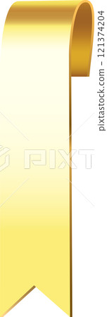 Bookmark ribbon with curled edge pointing downwards, created with gradient gold colors, ideal for marking pages, symbolizing luxury and elegance Bookmark ribbon with curled edge pointing downwards, created with gradient gold colors, ideal for marking pages, symbolizing luxury and elegance 121374204