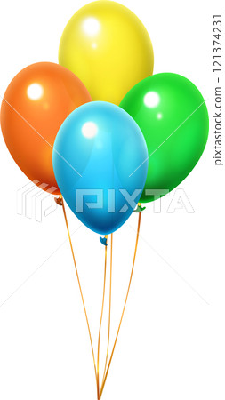 Four colorful balloons, orange, yellow, green and blue, floating with golden ribbons on a white background, creating a festive and cheerful atmosphere 121374231