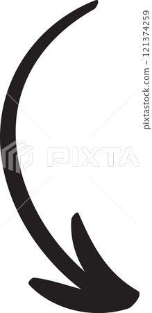 Simple, black, hand drawn curved arrow pointing downwards, isolated on a white background, ideal for various design projects and presentations 121374259