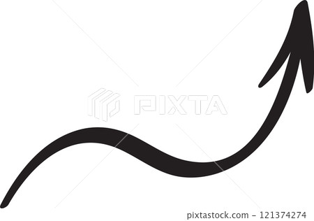 Hand drawn black arrow curving upwards against a clean white background, symbolizing growth, progress, and positive momentum while conveying themes of success and ambition 121374274