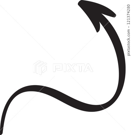 Hand drawn, black curved arrow pointing upwards, isolated against a clean white background, effectively symbolizing direction, progress, and growth in various design contexts Hand drawn, black curved arrow pointing upwards, isolated against a clean white background, effectively symbolizing direction, progress, and growth in various design contexts 121374280