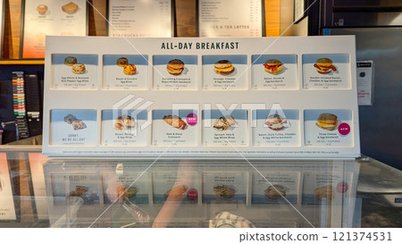 Display all day breakfast price list at Starbuck store in Canada 121374531