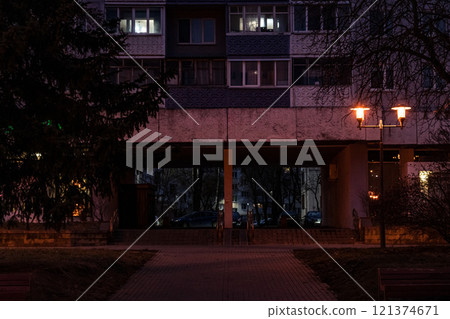 Panel, Soviet, multi-storey house in the evening in Minsk 121374671